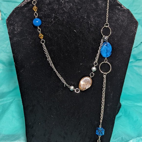 Artisan-made asymmetrical necklace silver chain with blue and brown accents - Picture 1 of 2